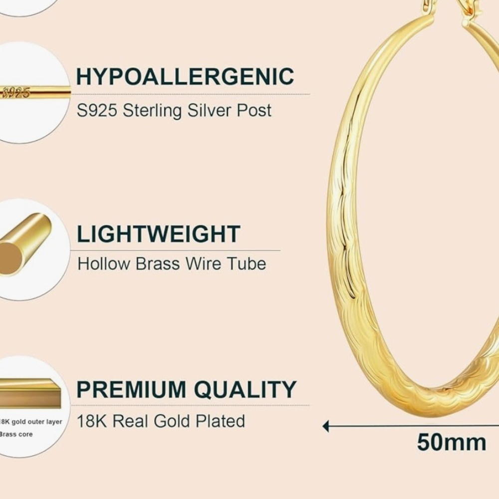 14k Gold plated Sterling 925 Hoop Earrings nickel free - Picture 3 of 3